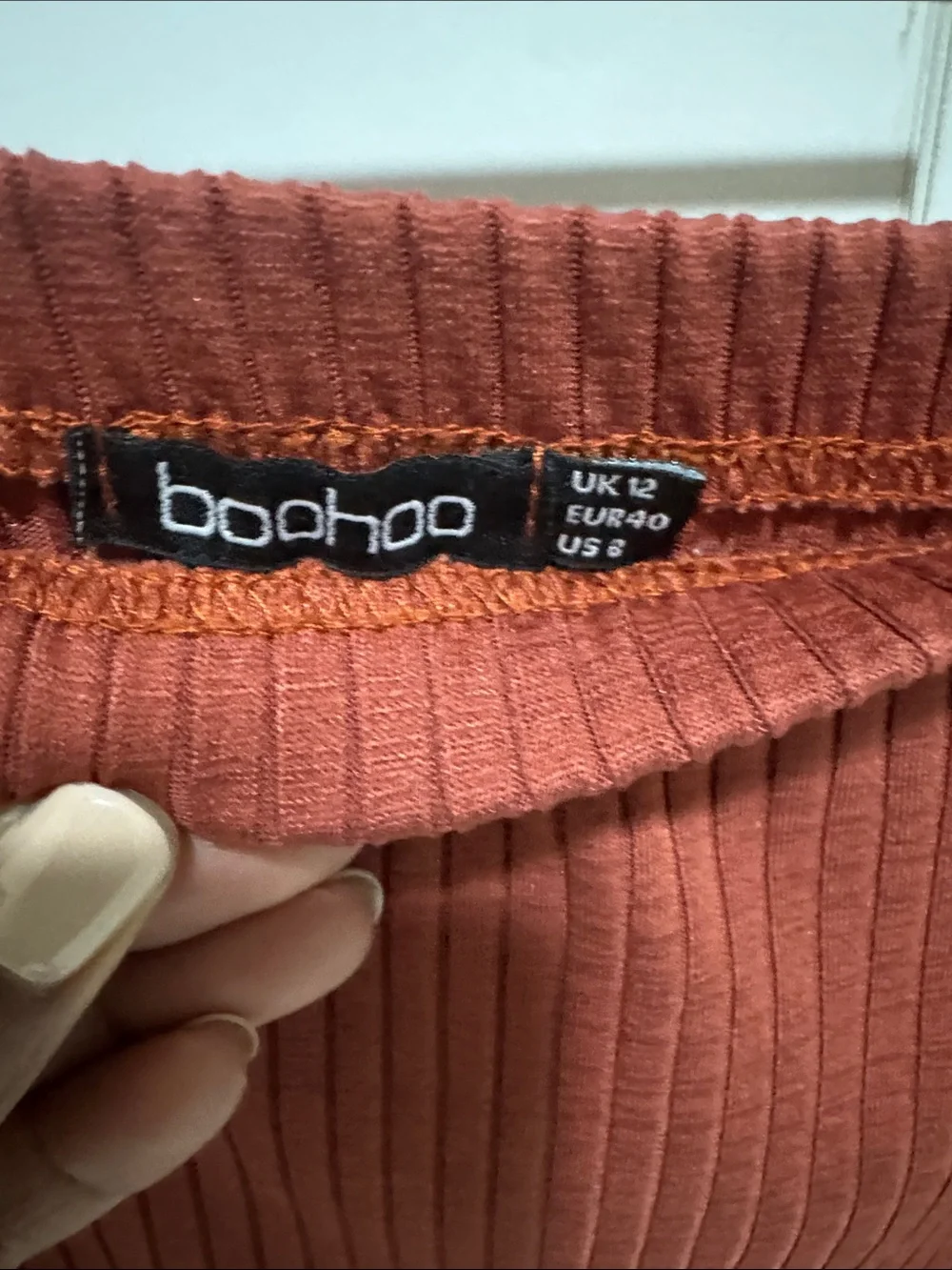 Boohoo Ribbed Off-Shoulder Two-Piece Skirt Set - Rust - Picture 4 of 6